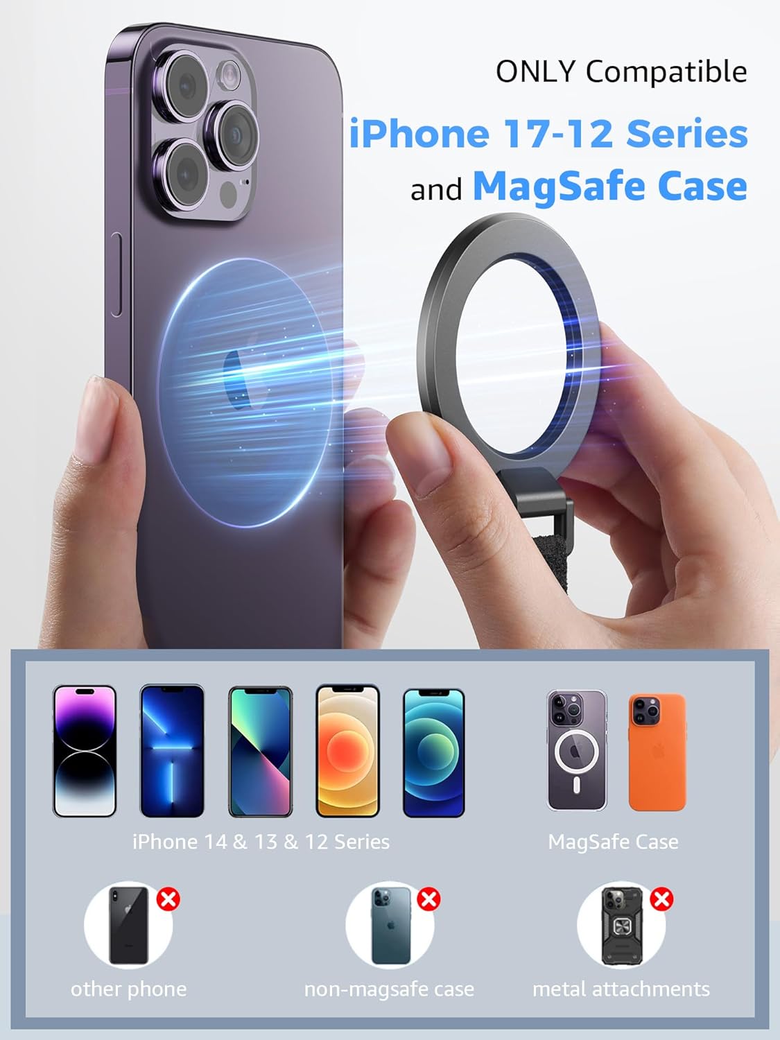 SUPERONE for MagSafe Phone Grip with Finger Strap, Removable Magnetic Ring Holder with Kickstand Finger Loop, MagSafe Accessories for iPhone 17/16/15/14/13/12 Series, Black