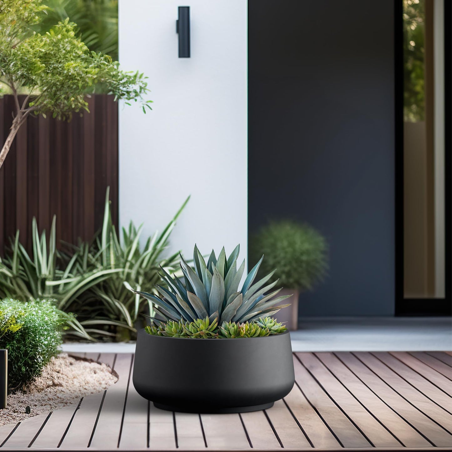 Kante 16.1" Dia Round Curvy Concrete Planter, Large Plant Pots with Drainage Hole and Rubber Plug for Indoor Outdoor Plants, Flower Pot for Home Garden Patio Porch, Black