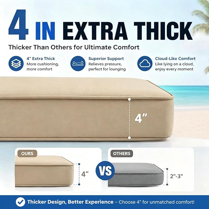 Chaise Lounge Cushion for Outdoor Furniture, Waterproof, Fade-Resistant and