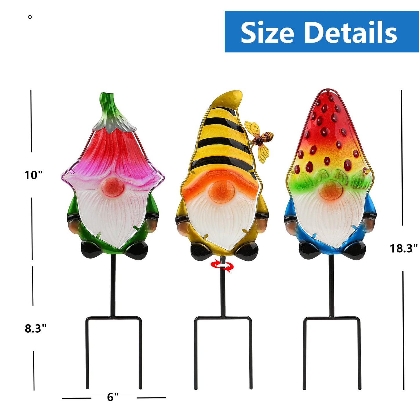 LEGIFO Garden Decor Gnomes Stakes Set of 3, Metal & Glass 18.3″, Outdoor Gnome Stake for Backyard Lawn Decor, Funny Yard Art Decorations for Mom Grandma Women Mother’s Day