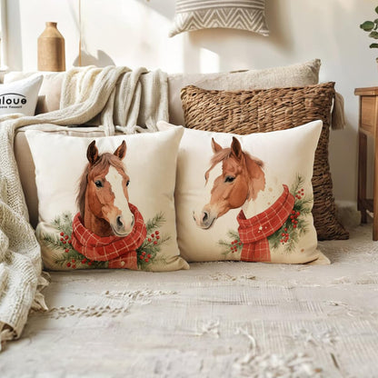 2Pack Christmas Horse Throw Pillowcases with Red Scarf Holly Berries Cushion Cover Winter Holiday Rustic Farmhouse Decorative Pillow Covers 18 x 18 Inches for Seasonal Sofa Couch Porch(Red)