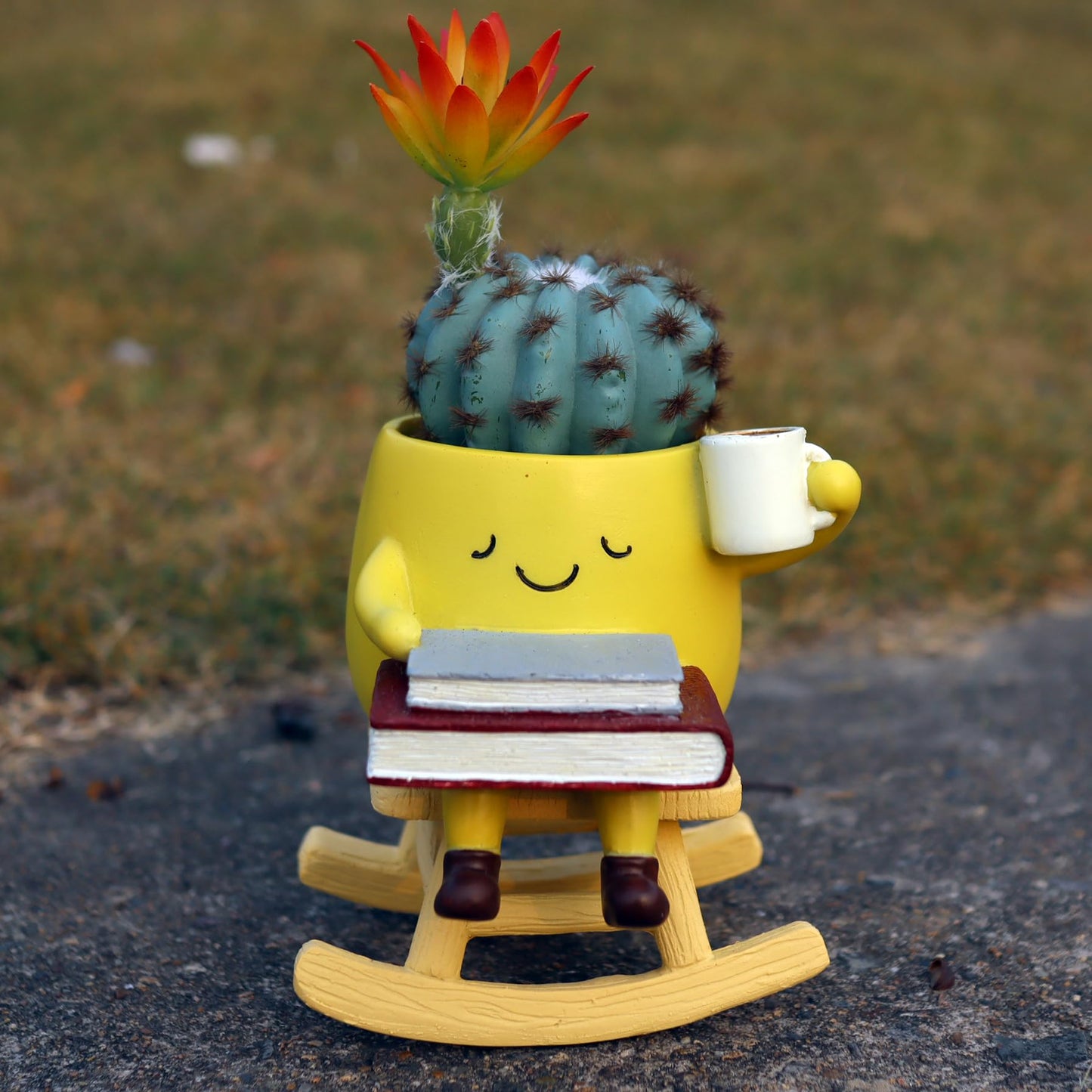 Dolkgy Funny Planters for Indoor Outdoor Plants, Adorable Rocking Chair Drinking Coffee Book Face Plant Pots, Unique Yellow Head Planters Flower Vase Succulent Pots