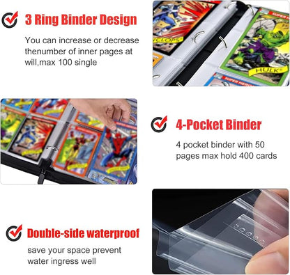Card Binder for Cards,4 Pocket with 50 Sleeves up to 400 Cards,Waterproof Avengers Card Storage Bag for Boys,Games Cards Display Case