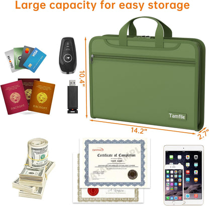 5200℉ Fireproof Accordion File Organizer with Lock, Thickened Document Organizer 13 Pocket with Zipper & Labels, Important Document Organizer, Expanding File Folder with Handle for Letter A4 (Green)