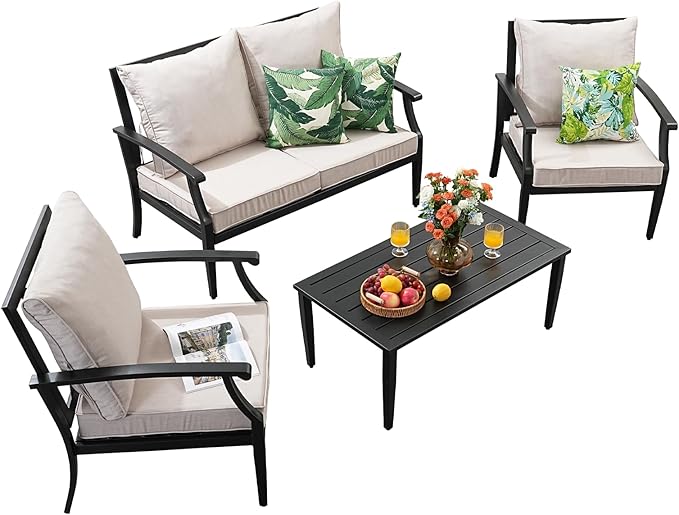 4 Piece Outdoor Patio Furniture Set, Oversized Metal Conversation Set