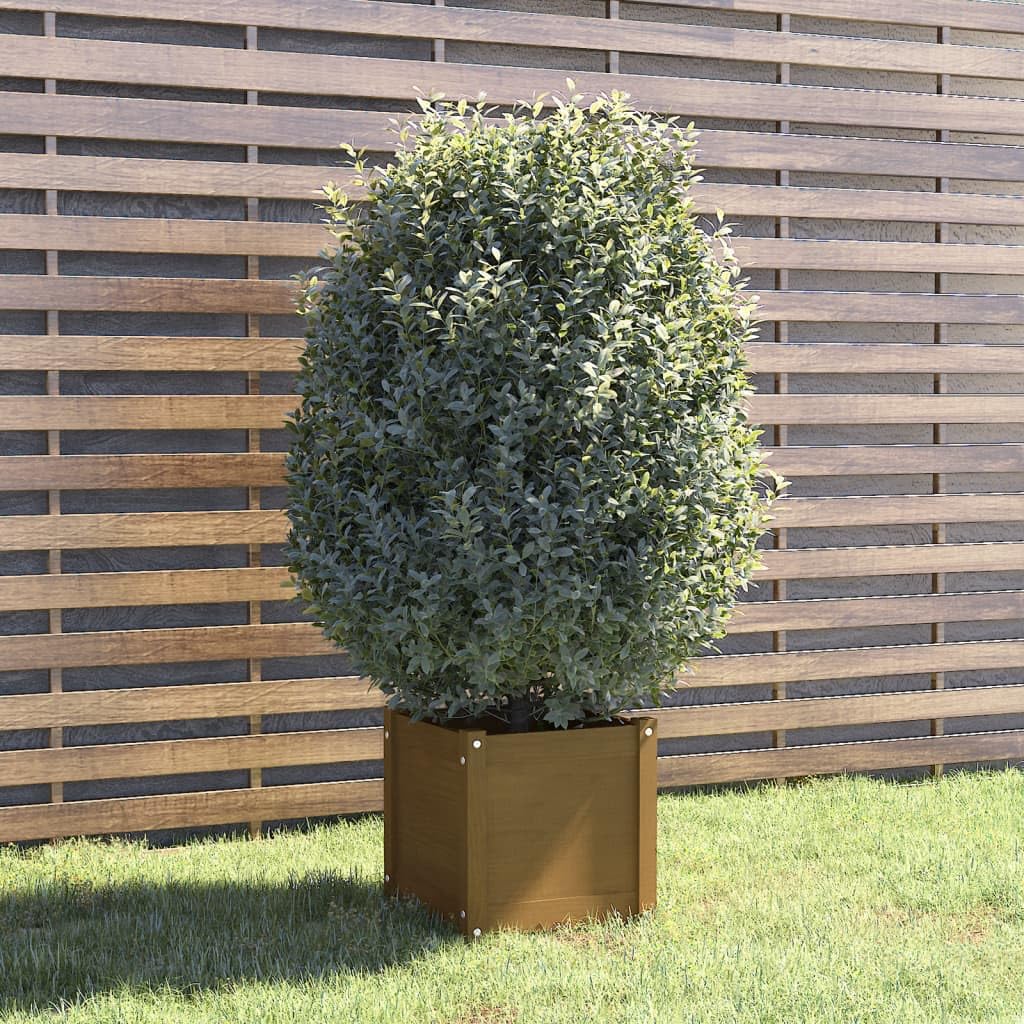 Xolmizyn Square Garden Planter Box, 15.7 Inch Solid Pinewood Flower Pot for Outdoor Patio, Backyard, Deck, and Indoor Home Decor, Honey Brown