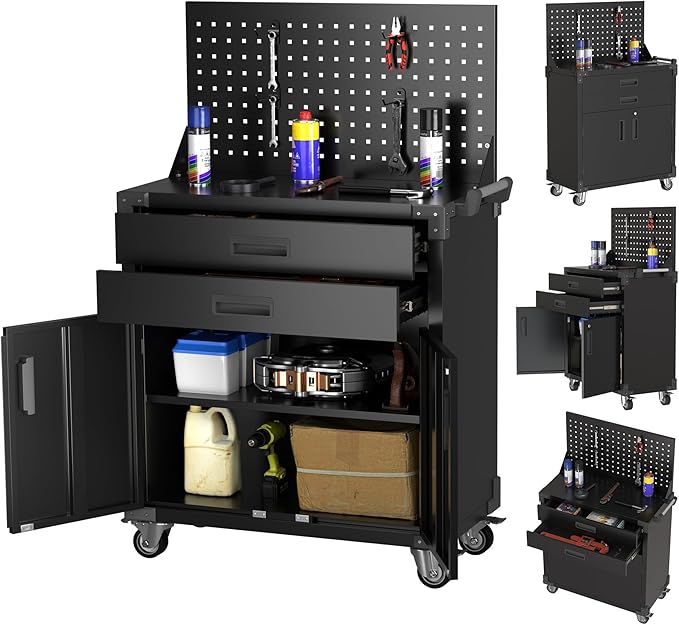 SUXXAN Black Tool Cart with Pegboard and 4 Hooks, Garage Storage Cabinet on