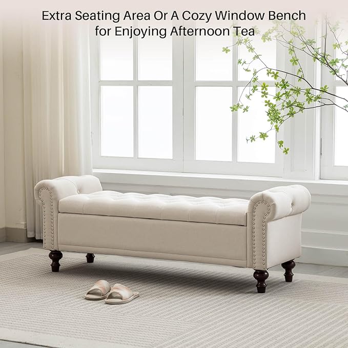 SOFTHION 58.1" Storage Bench Upholstered Linen End of Bedroom Bed Bench Ottoman