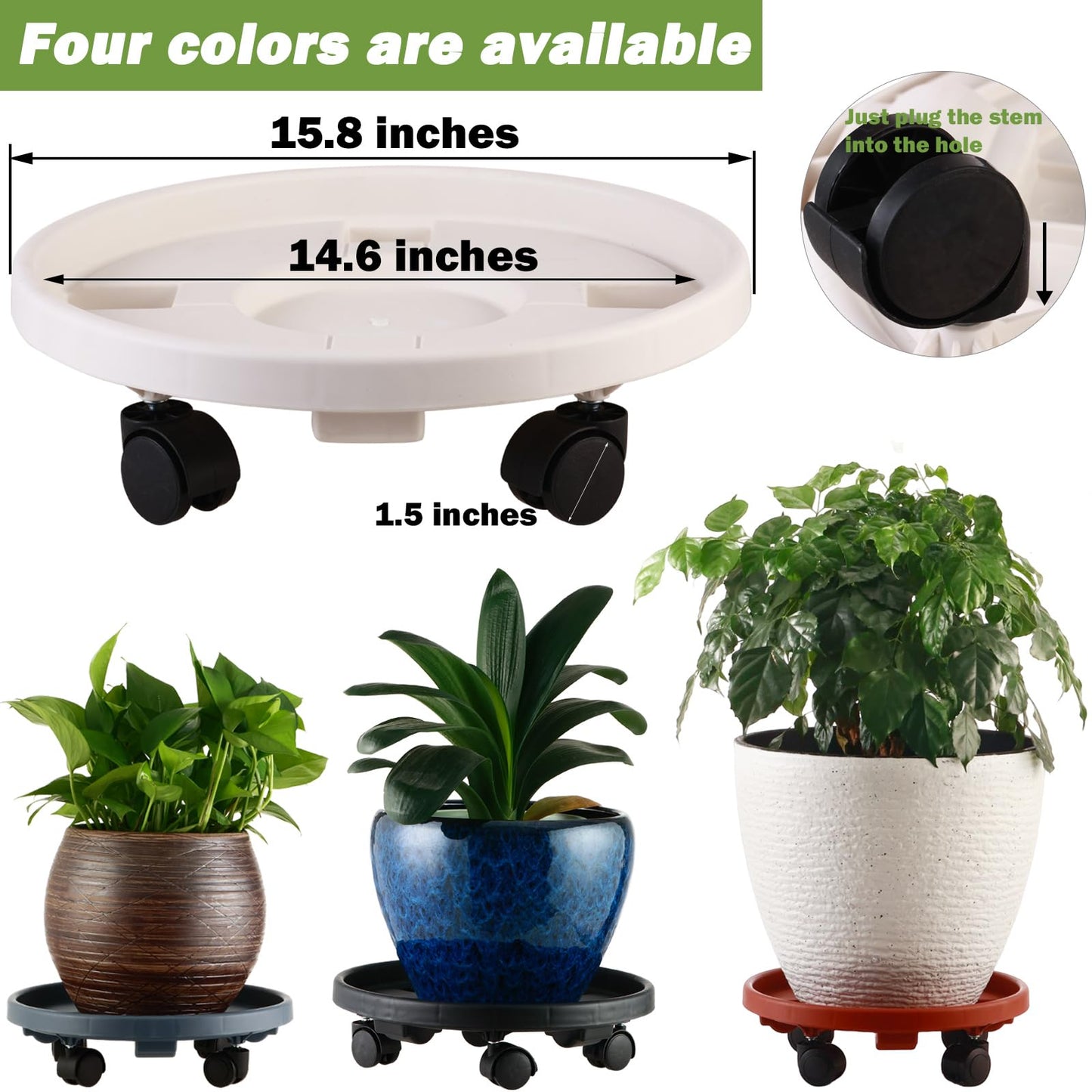 5 Pakcs Large Plant Caddy with Wheels 15.8" Rolling Plant Stands Heavy-duty Plastic Plant Roller Base Pot Movers Plant Saucer on Wheels Indoor Outdoor Plant Dolly with Caster Tray Coaster White