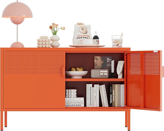 Orange Metal Storage Cabinet, 2 Door TV Stand, Metal Mesh Accent Cabinet