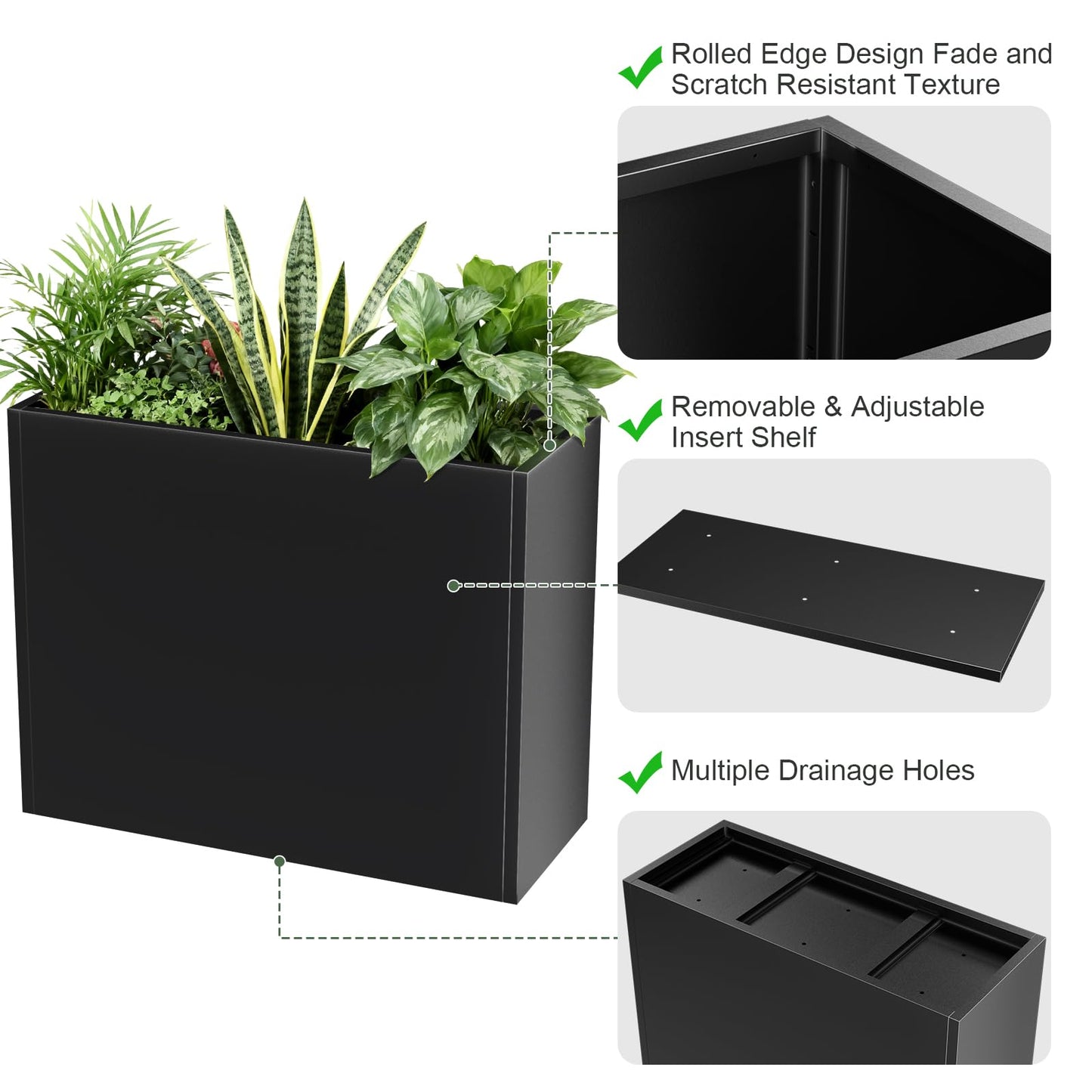 Baotree Metal Large Planter Box 38" L x 13" W x 30" H, Heavy Duty Tall Rectangle Outdoor Planter Box with Removable Insert Shelves for Porch, Garden, Patio, Yard (Black)