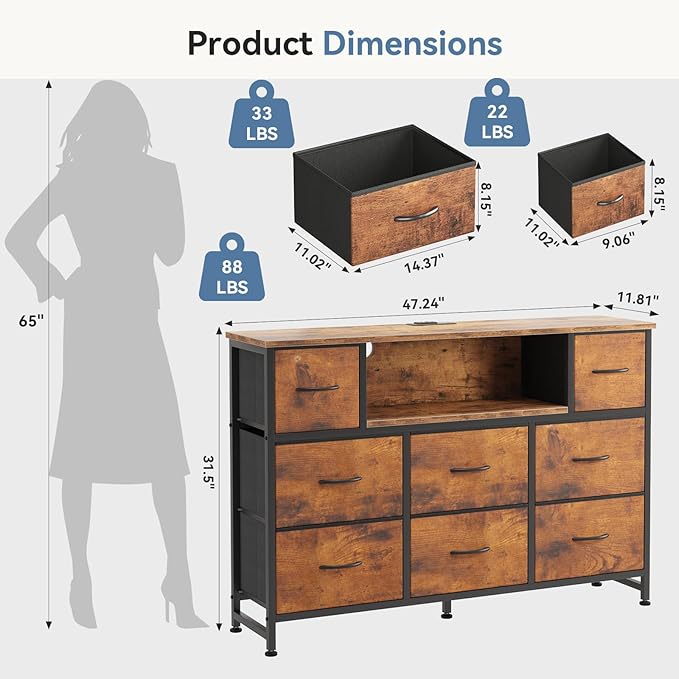 DUMOS TV Stand Dresser with 8 Fabric Drawers and Open Shelves, LED