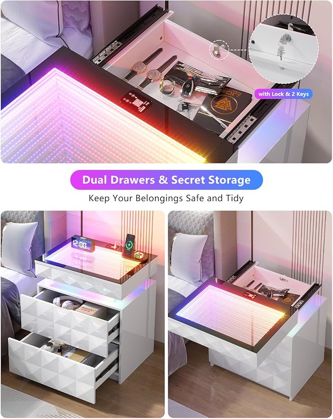 HWB Nightstand with RGB Lights, 3 Drawers Night Stand with Hidden Storage