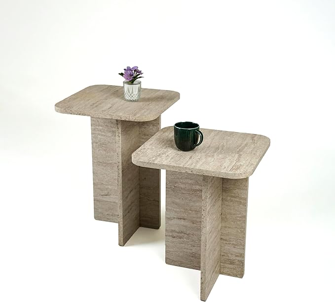 Travertine Efect Square Nesting Table Set of 2 Modern Coffee Table Small Side