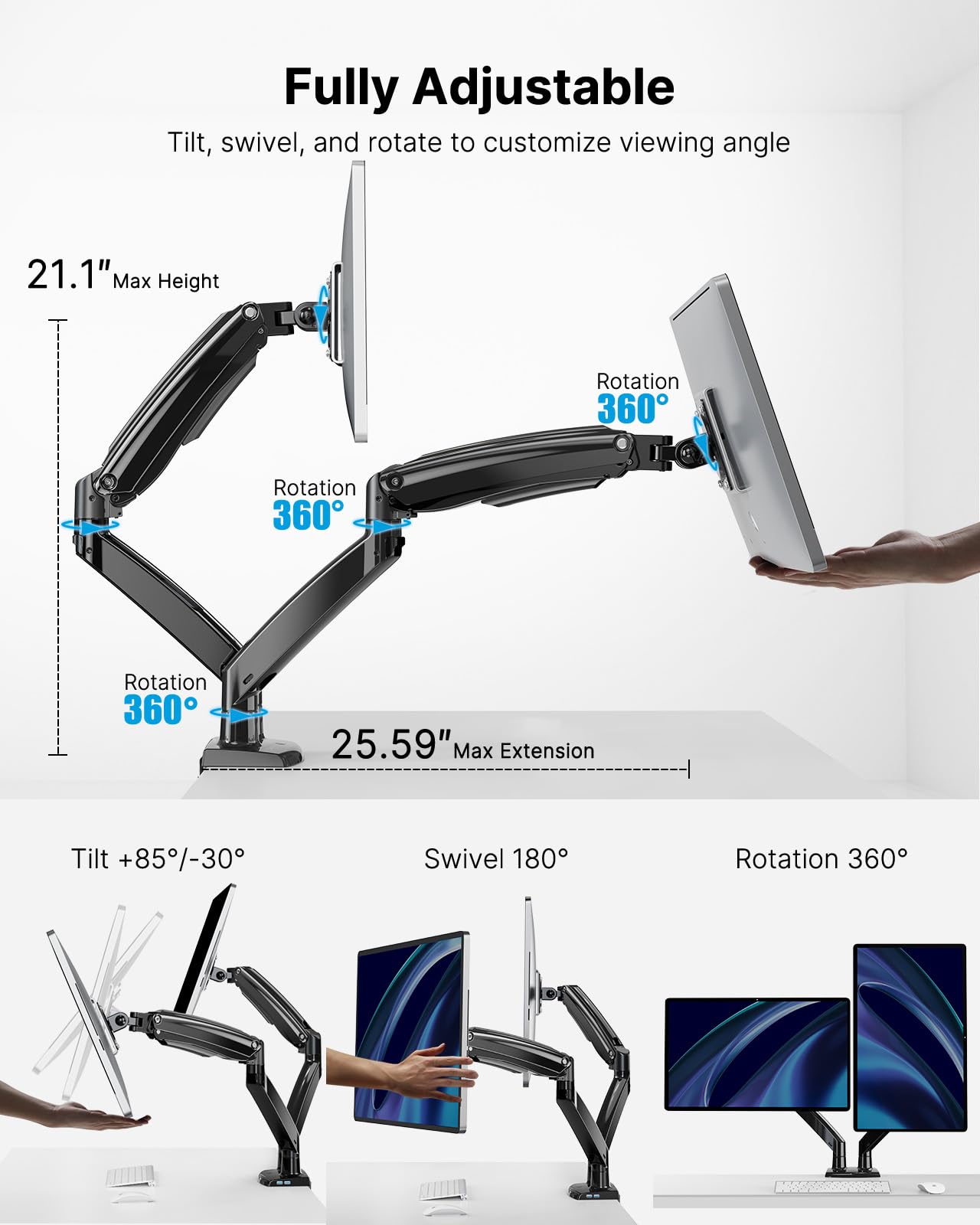 HUANUO Dual Monitor Stand for 13 to 40 inch, Premium Dual Monitor Mount with USB, Height Adjustable Monitor Stand for 2 Monitors, VESA Mount with Clamp/Grommet Base, Each Arm Hold up to 26.4lbs, HNDS7