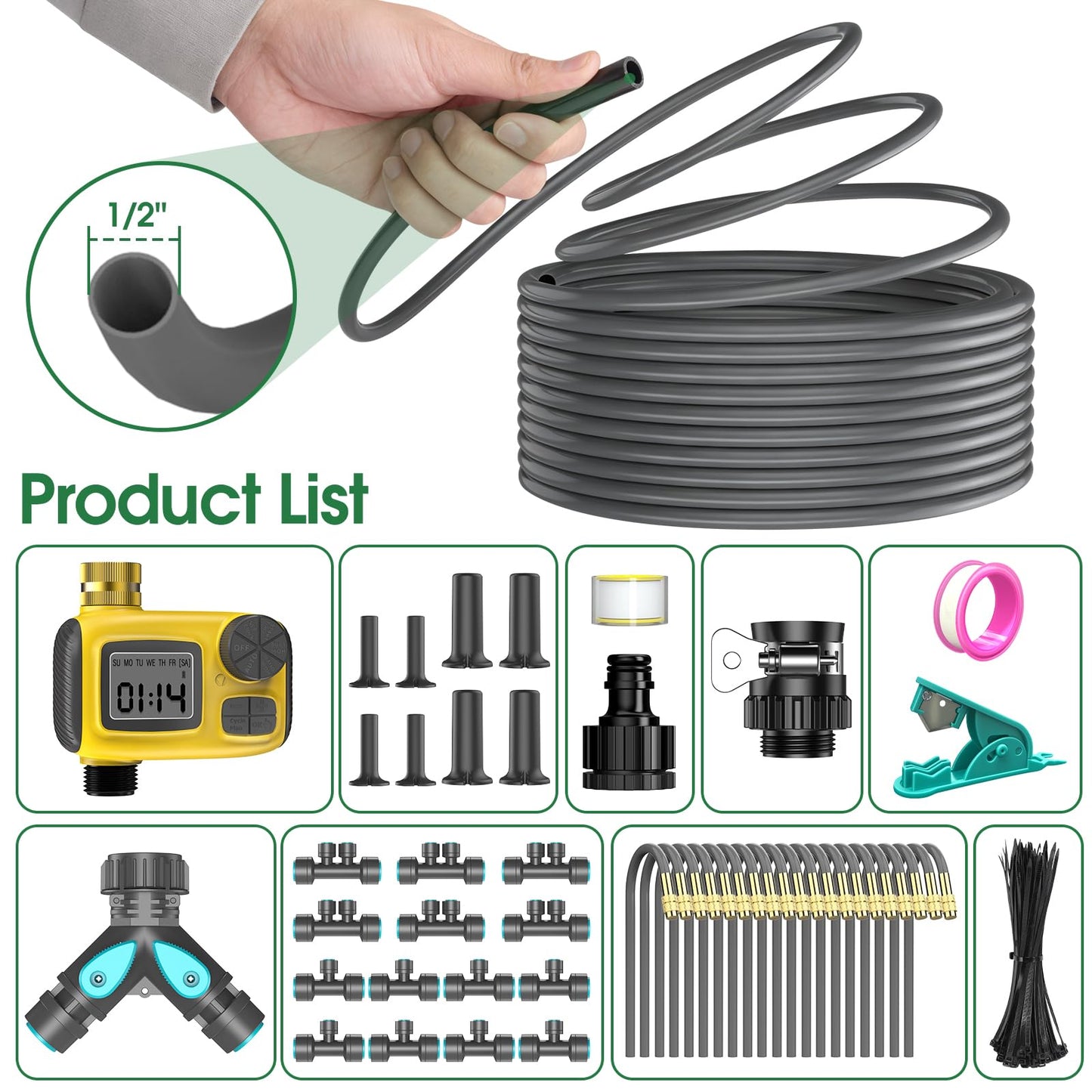 CyberOrd 98FT 1/2" Drip Irrigation System Kit with Smart Water Timer for Garden,Automatic Watering System with 20pcs 360° Adjustable Copper Nozzles, Irrigation System for Garden,Yard, Lawn,Greenhouse