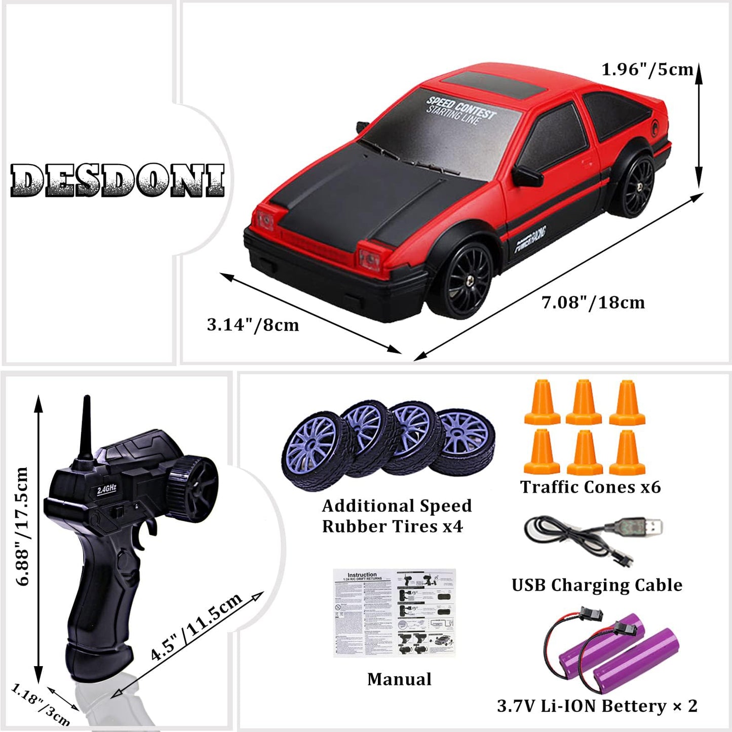 Remote Control Car RC Drift 2.4GHz 1:24 Scale 4WD 15KM/H High Speed Model Vehicle with LED Lights Drifting Tire Racing Sport Toy for Adults Boys Girls Kids Gift 2Pcs Rechargeable Batteries