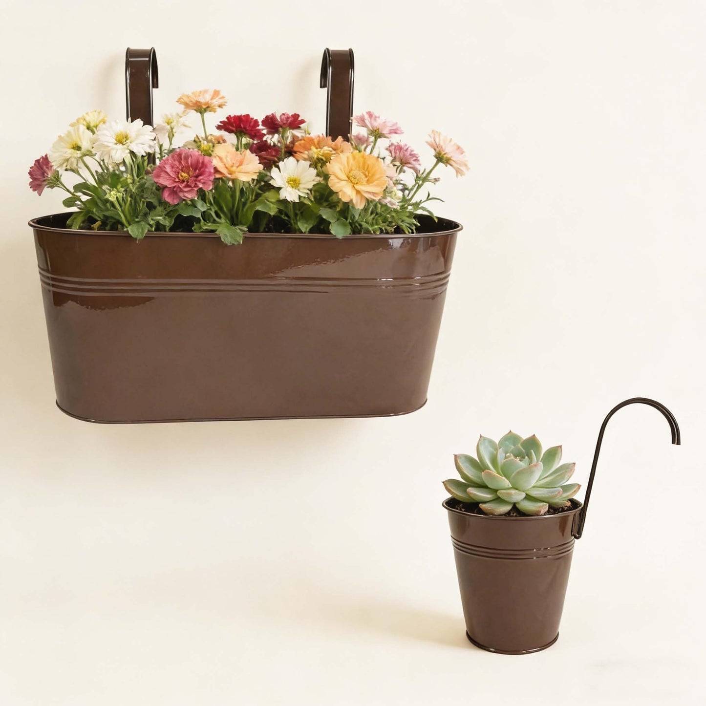 Joyfernal Set of 4 Outdoor Metal Railing Planters Box - 2 Pcs 5.12" Round Balcony Hanging Planter & 2 Pcs 17" Oval Fence Pot with Detachable Hooks Drainage, Chocolate
