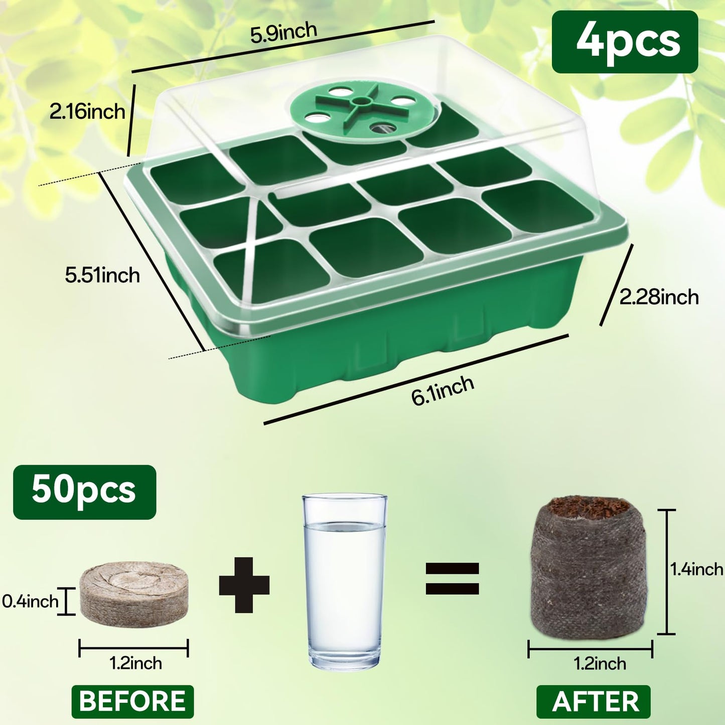 Halatool 4 Pack Seed Starter Tray with 50 PCS Peat Pellets, 48 Cells Green Seeding Starter Trays for Organic Seed Starter Soil Pods for Planting Vegetables Plants Flowers - Starting Seeds Kit