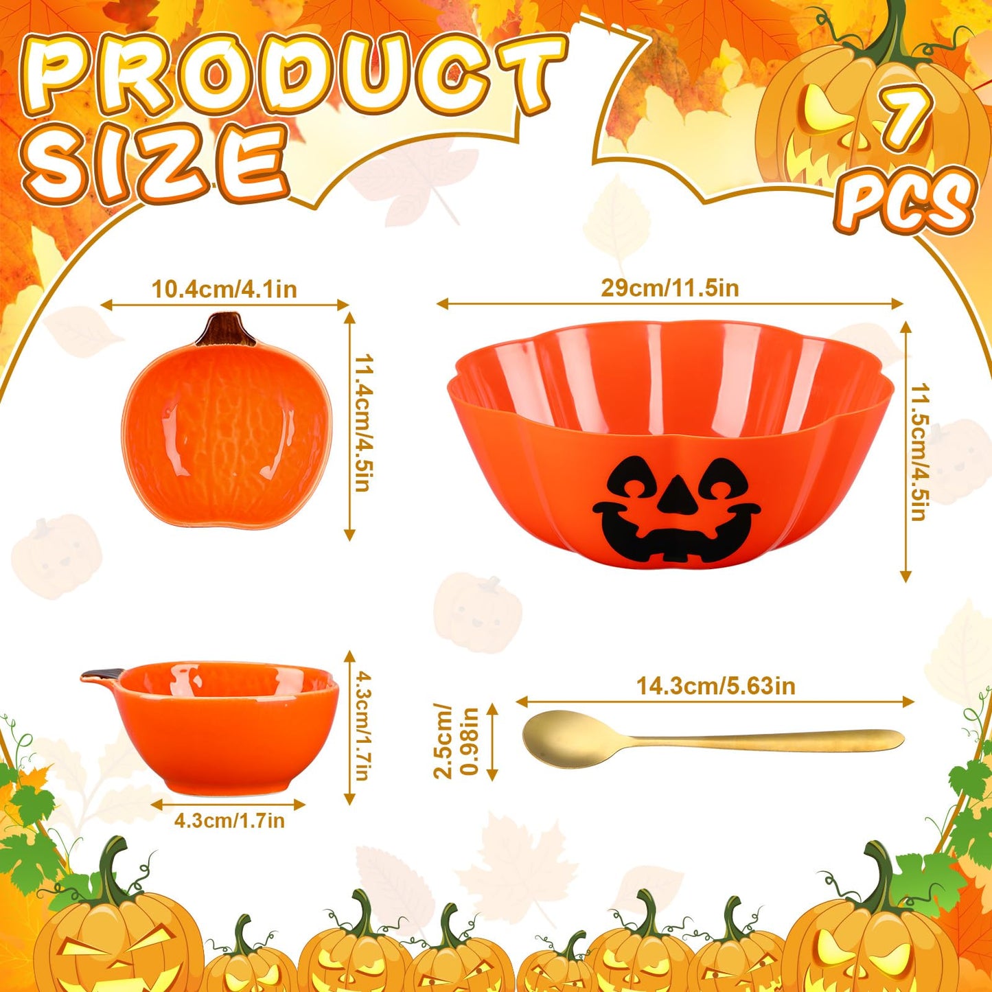 FoldTier 13 Pcs Halloween Candy Bowls Include 6 Ceramic Pumpkins Ramekins 1 Plastic Trick or Treat Bowls 6 Dessert Spoons Pumpkins Dishes Popcorn Serving Bowl for Halloween Party Supplies Popcorn Bar