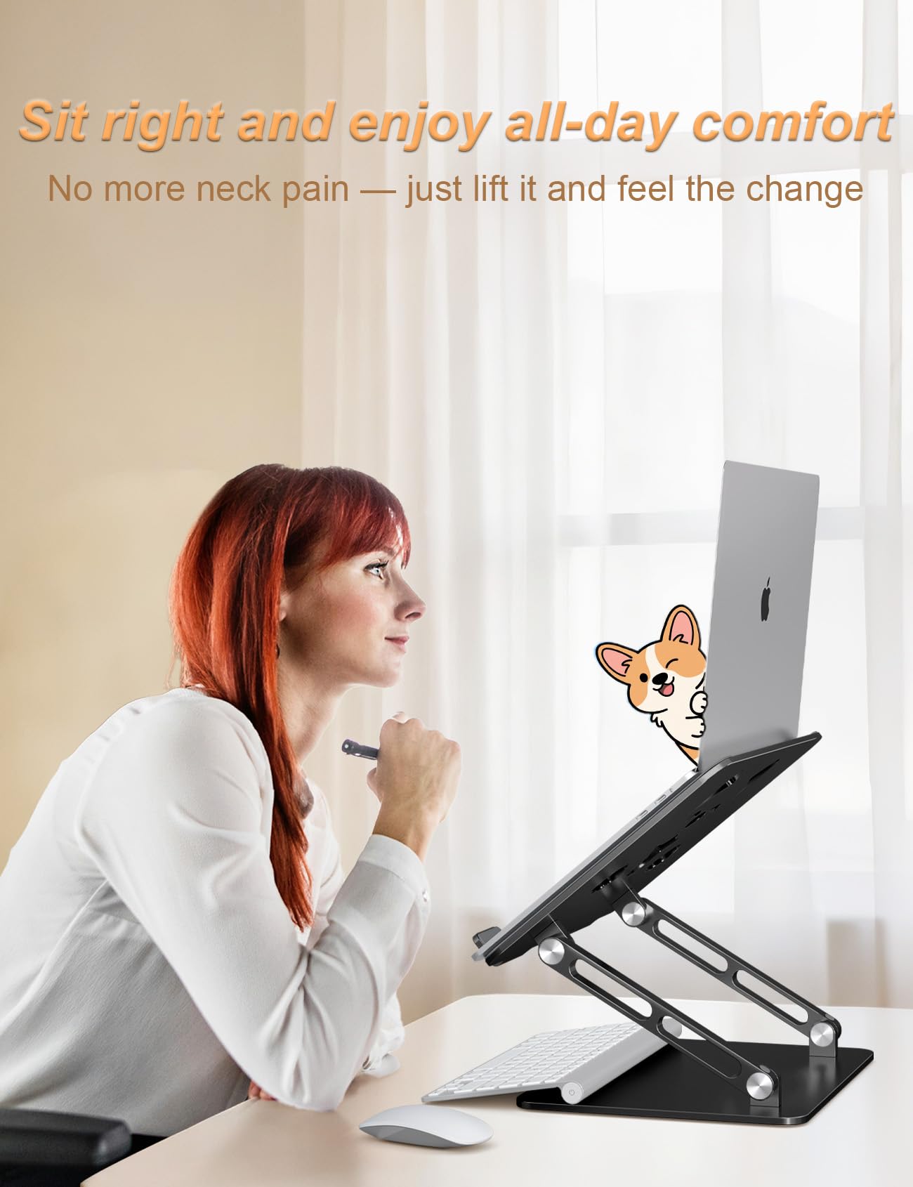 Aoviho Laptop Stand for Desk-Adjustable, Foldable, Portable, Ergonomic Aluminum Notebook Riser with Unique Puppy Cooling Vent, Desk Gift for 10"-17.3" Devices Mac, Dell, HP, Lenovo, Samsung, Black