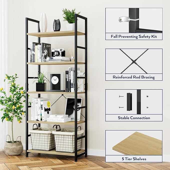 NUMENN 5 Tier Bookshelf, Tall Bookcase Shelf Storage Organizer, Modern Book