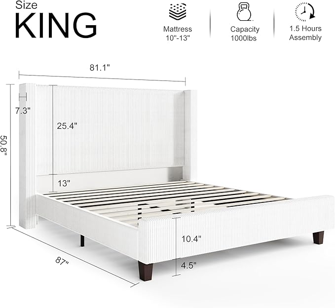 HOWE King Size Bed Frame with 50.8" Tall Wingback Headboard, Modern Corduroy
