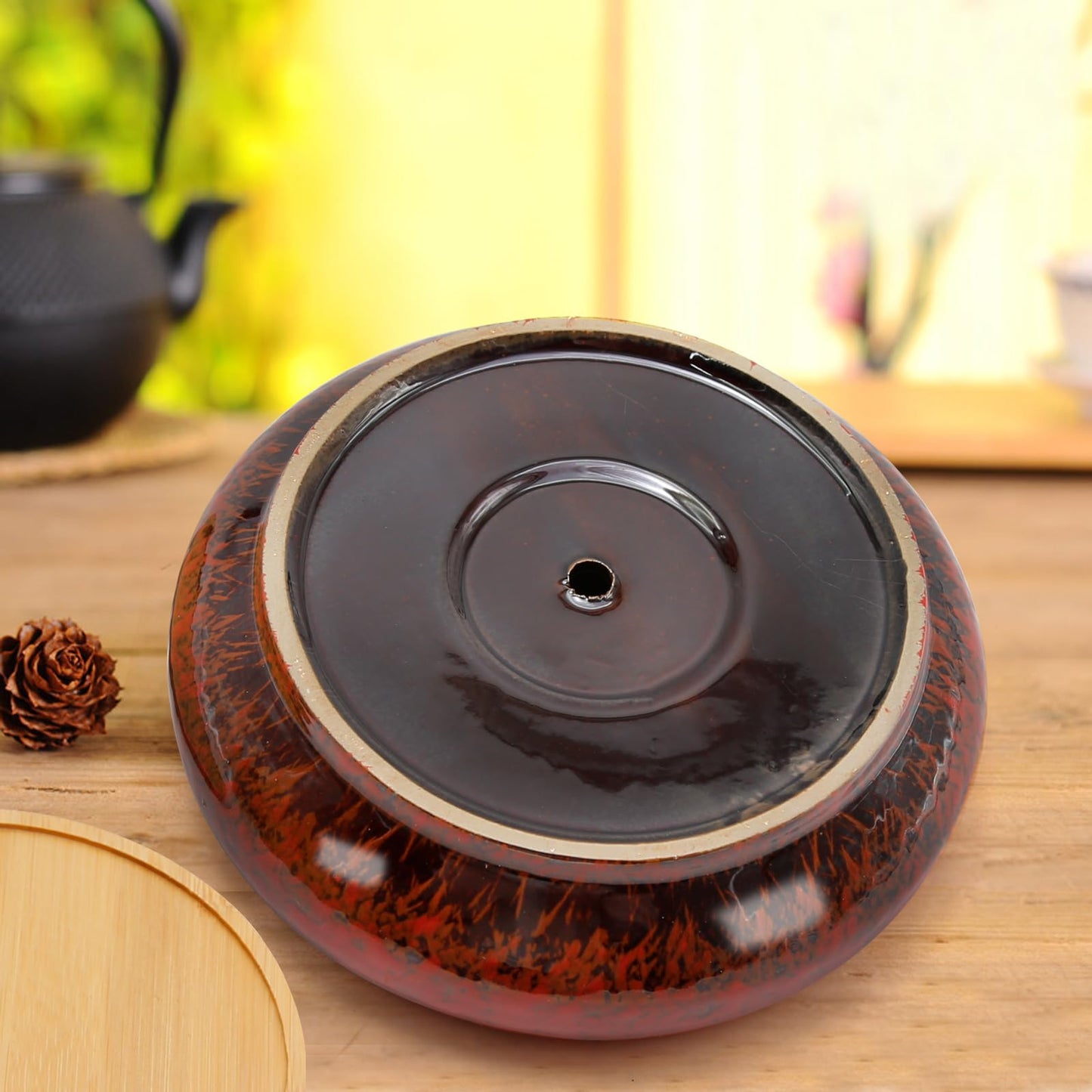 LIDSCURA 7.4 inch Ceramic Bonsai Pots with Trays Shallow Planters, Succulent Planters with Drainage Hole, Round Large Shallow Pots, Bonsai Pots Garden Decorative Cactus Stand Flower Container (Red)
