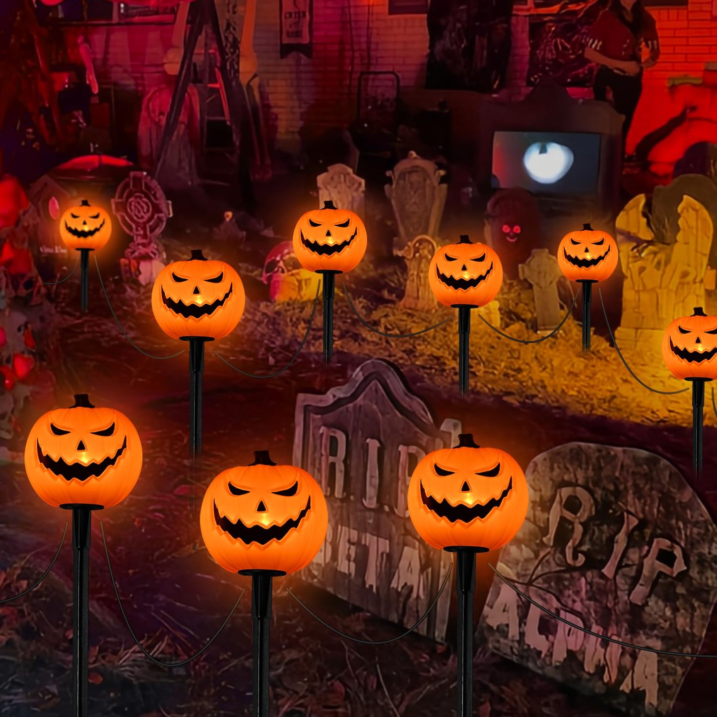 Halloween Decorations Outside - 7Ft LED Pumpkin Pathway Lights Plug in with 4 Pack LED Pumpkin Stake Lights Waterproof, for Halloween Outdoor Path Walkway Yard Lawn Landscape Decor, 0.6W