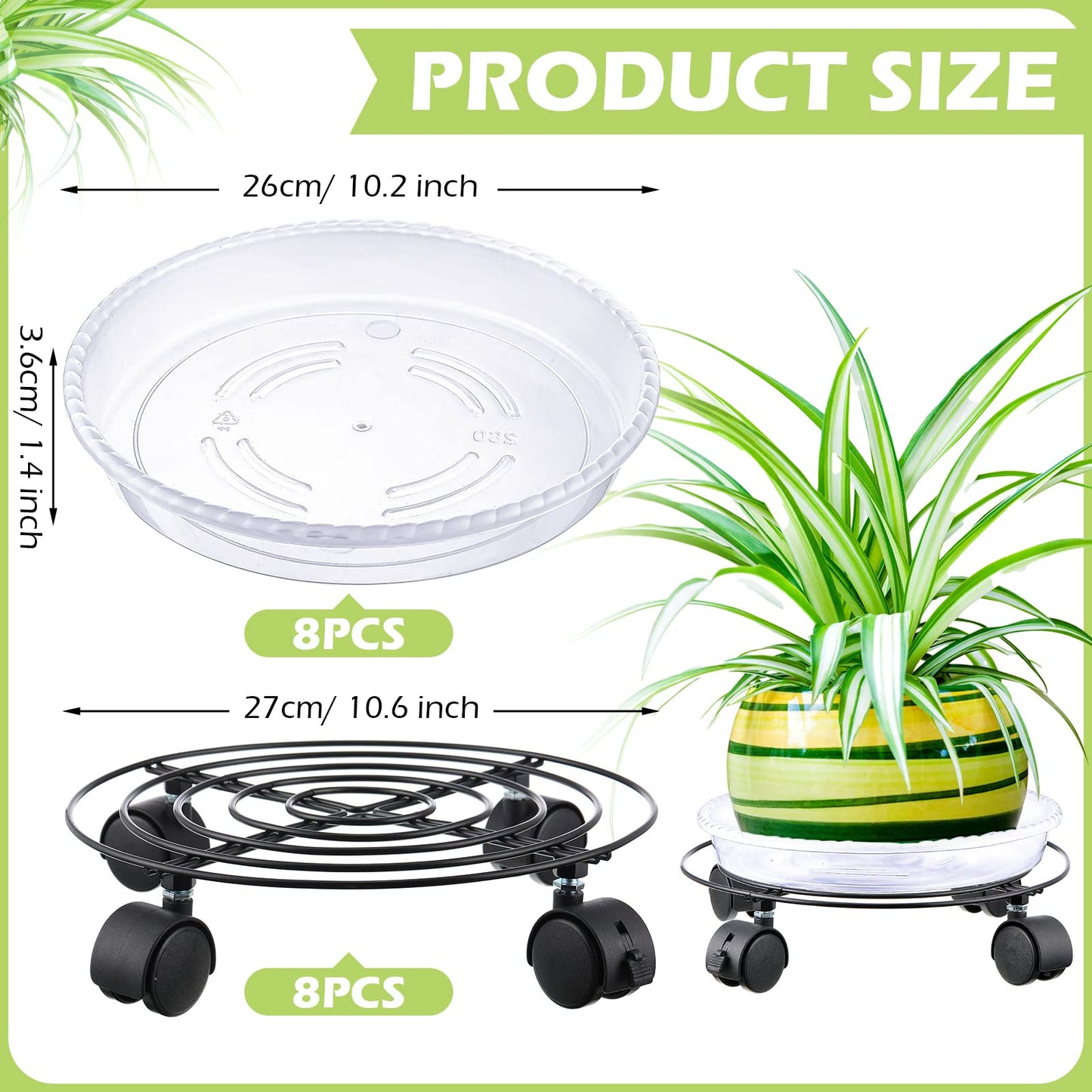 Zopeal 8 Pack Plant Stand with Wheels Heavy Duty Metal Plant Stand Rolling Dolly with Casters Round Flower Pot Rack with 8 Pcs Plastic Saucers for Indoor Outdoor Patio Garden(10.6 Inch,Black)