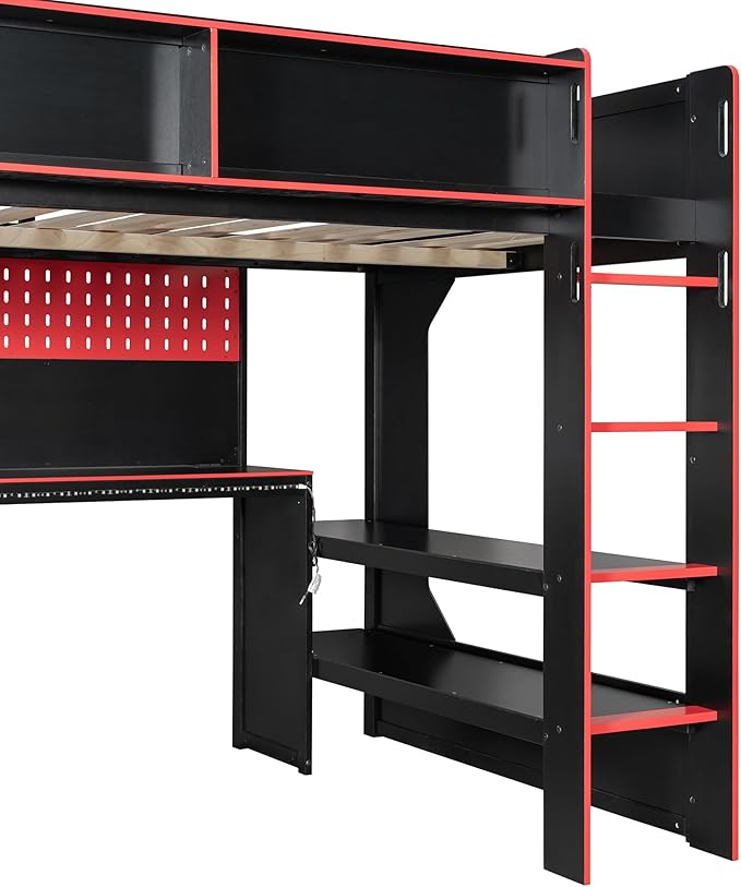 Modern Gaming Loft Bed with Built-in Desk, LED Lighting & Charging Hub – Full