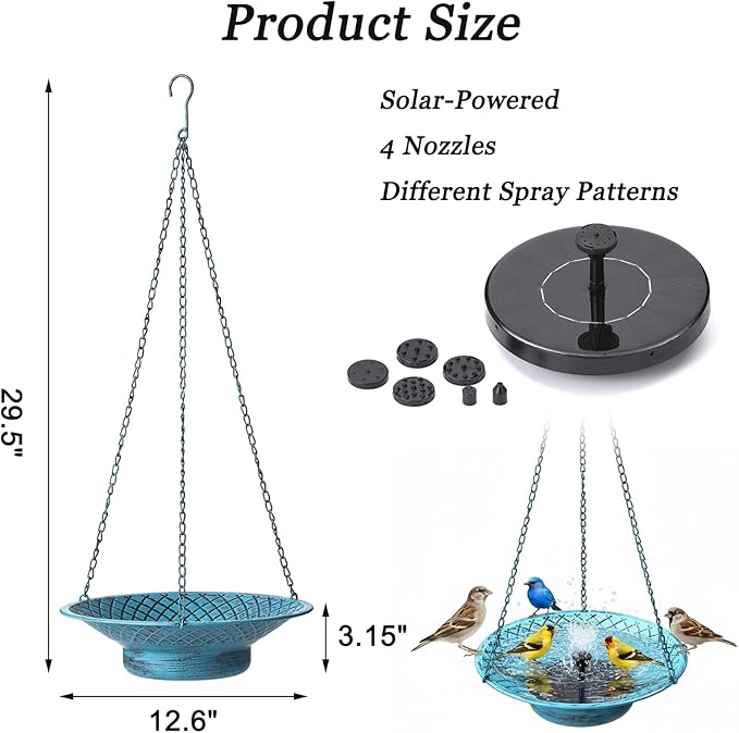 12.6" Hanging Bird Bath with Solar Fountain, Solar Bird Bath Fountains, Hanging Bird Baths for Outdoors, Hummingbird Fountain, Bird Bath Fountains Solar Power for Garden Patio Decor, Blue