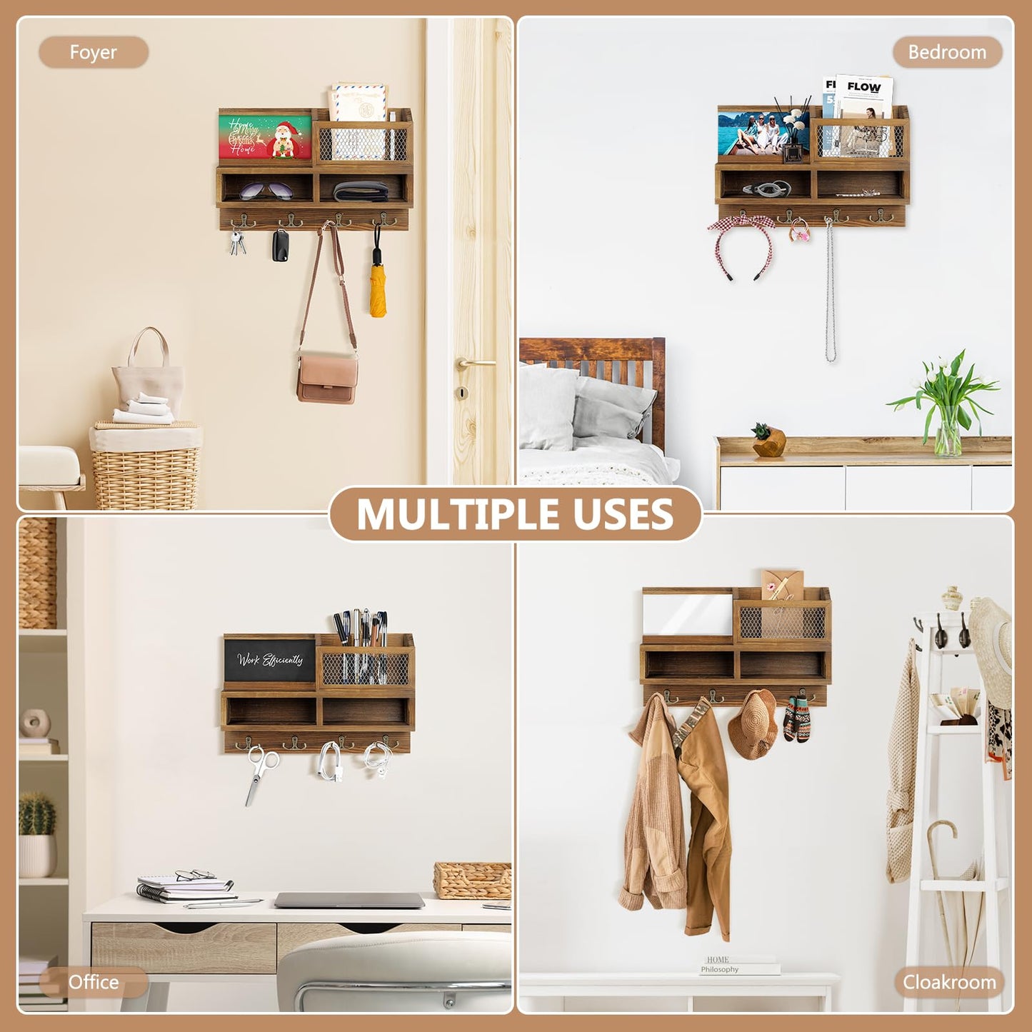 HOMEBROS Key Holder Wall Mount, Wooden Mail and Key Organizer with Chalkboard and Mirror, 3 Greeting Cards, 8 Hooks, Brown