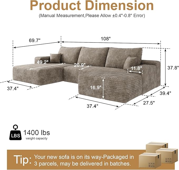108" Sectional Couches for Living Room Cloud Couch Sofa