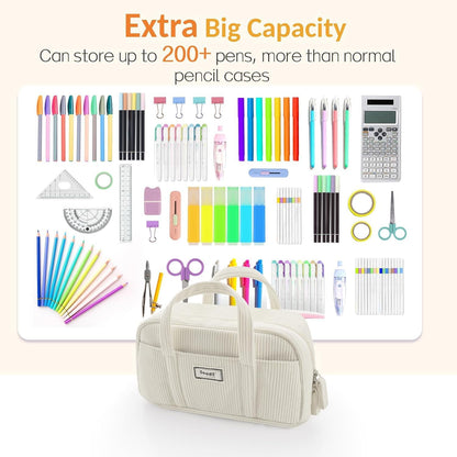 Sooez Large Pencil Case Pouch, Extra Big Pencil Bag with 5 Compartments, Pen Bag Wide Opening, Soft Corduroy Pencil Organizer with Zipper, Cute Aesthetic School Supplies for Teen Girls Light Pink