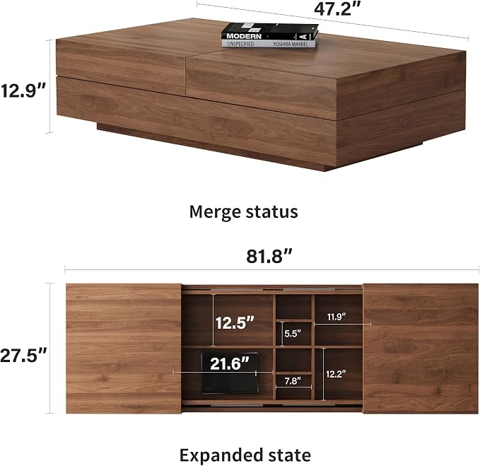 Mid-Century Modern Expandable Coffee Table & TV Stand Set, Walnut Finish – Elegant Storage Combo for Living Room, Bedroom, or Lounge (70.87" TV Stand+Coffee Table)