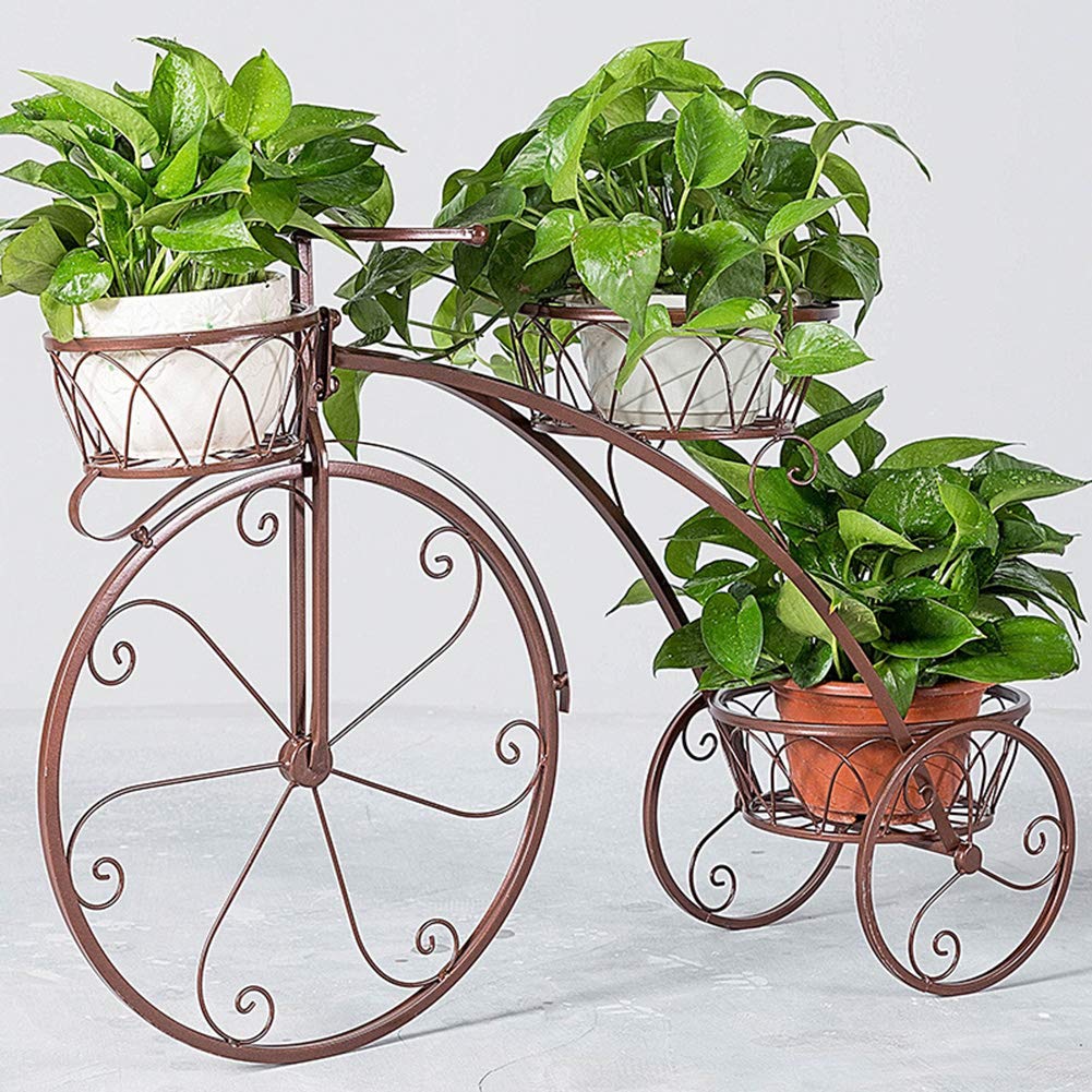 SHJC Tricycle Plant Stand Flower Herbs Holder Plant Pot Holder Flower Rack Flower Indoor Outdoor Garden Use, Perfect for Patios, Porches and Balconies,Brown