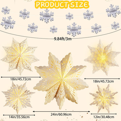 5Pcs Christmas Paper Snowflake Lanterns, Large Christmas Paper Star Lanterns with Lights & Banner White Hanging Snowflake Lamps for Xmas Winter Frozen Weddings Birthday Holiday Party Decorations