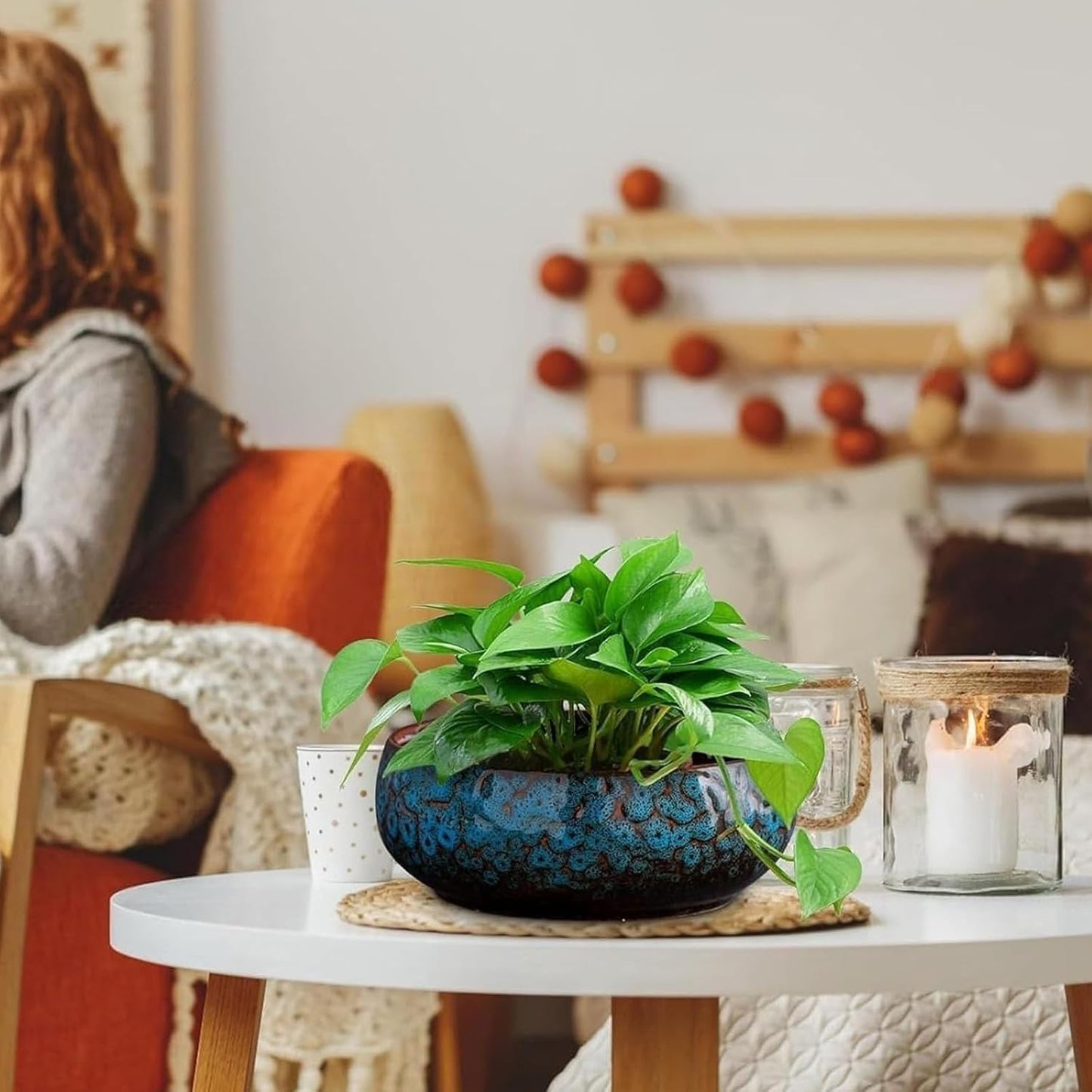 Lotus Bowl Planter, Lotus Bowls for Planting in Water Indoors, Bonsai Bowl Lotus Flower Seeds, Ceramic Planters for Indoor Plants, Applicable to Succulent Plants Hydroponic Plant. (Kiln Turning Blue)
