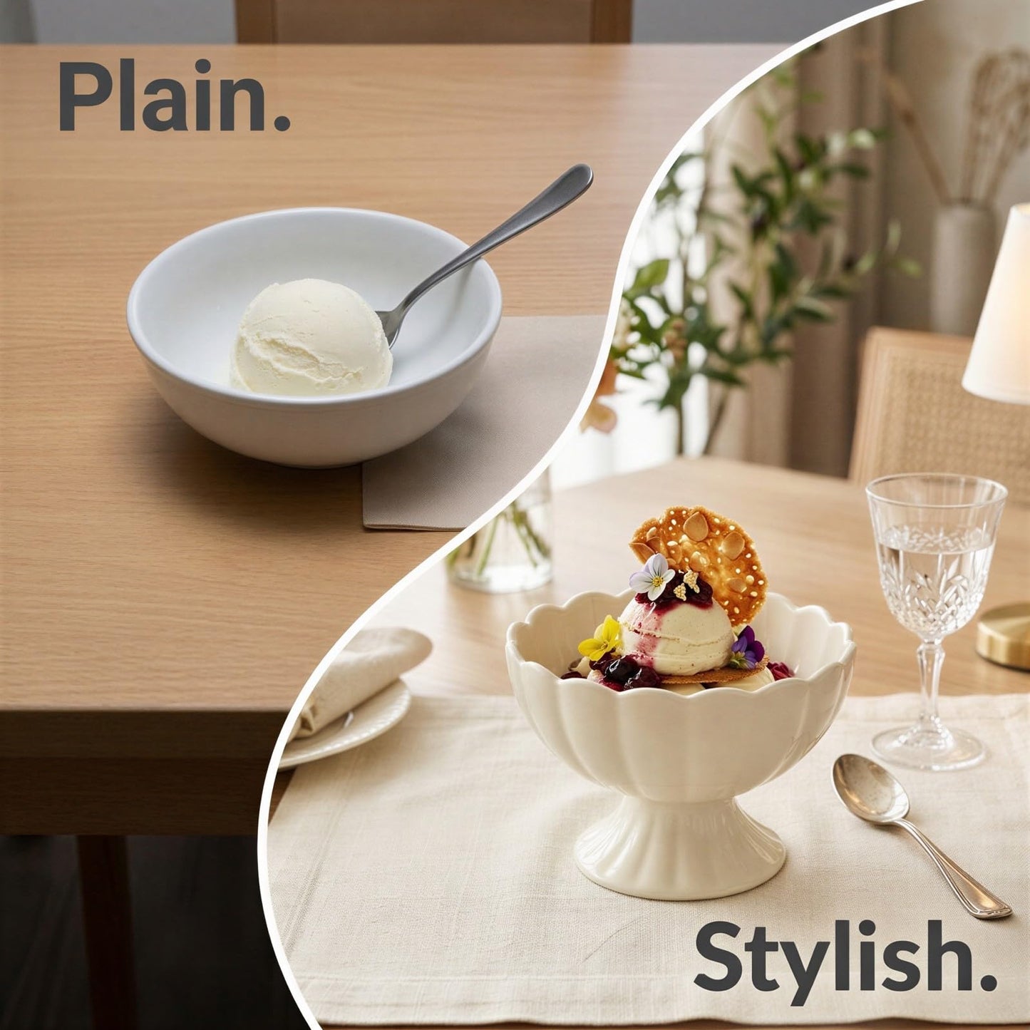 4 Pcs Ceramic Dessert Bowls Set, Elegant Scalloped Rim Pedestal Cups with 4 Spoons, 6.76 fl oz Small Dessert Bowls, Smooth Finish, Easy Clean, 4.5 x 3.5 in for Ice Cream, Snacks, Puddings, White