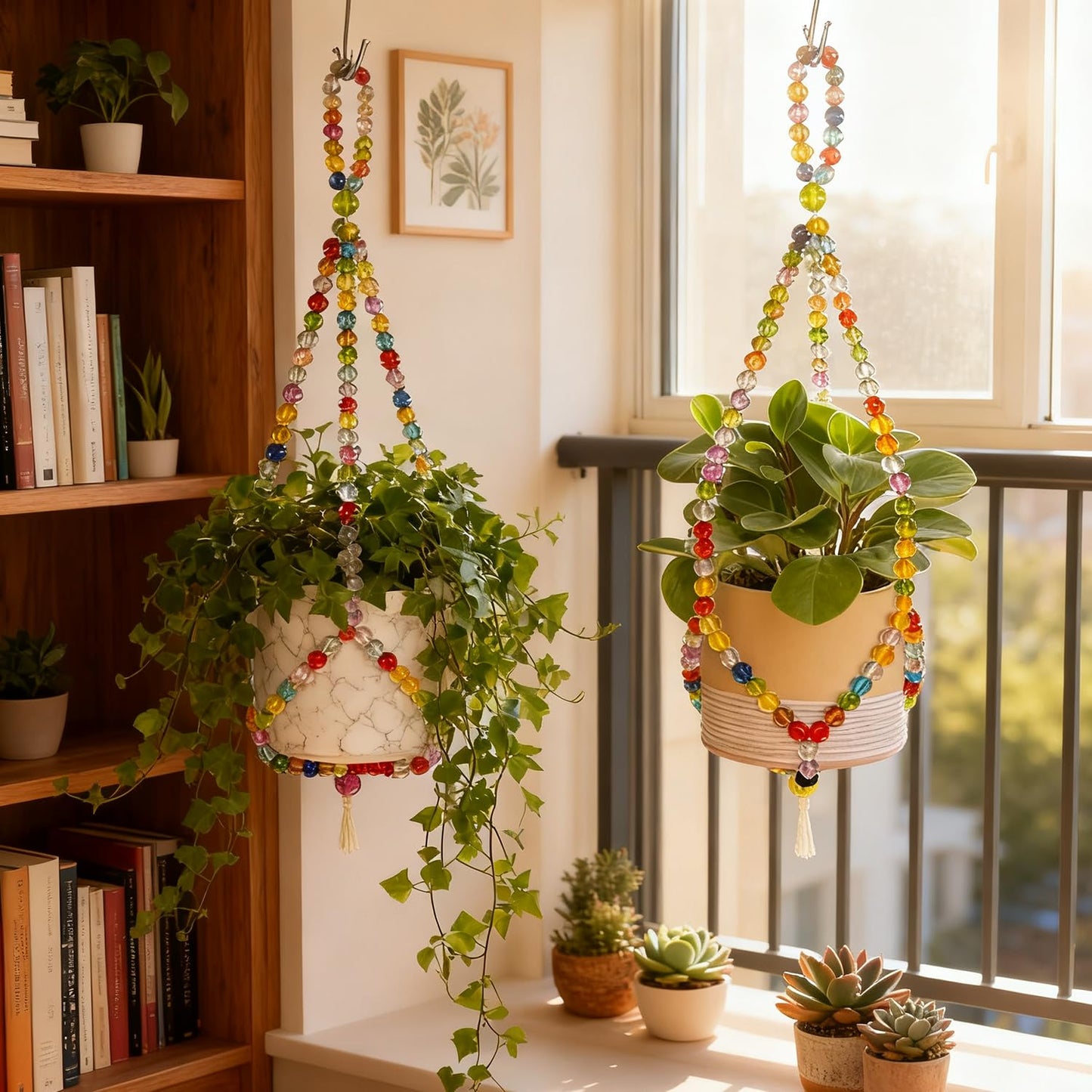 FALESHOS 2 Pack Macrame Plant Hangers with 2 Hooks, 17.9inch/16.7inch Bead Hanging Planter for Indoor Outdoor Bohemian Home Garden Decor