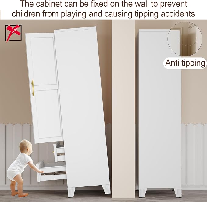 erosoei Metal Armoire Wardrobe Closet, 71 "Metal Clothing Storage Cabinet with Mirror and Adjustable Shelves, Household Steel Wardrobe Storage Cabinet with 2 Drawers and Hanging Rod(Armoire-White)
