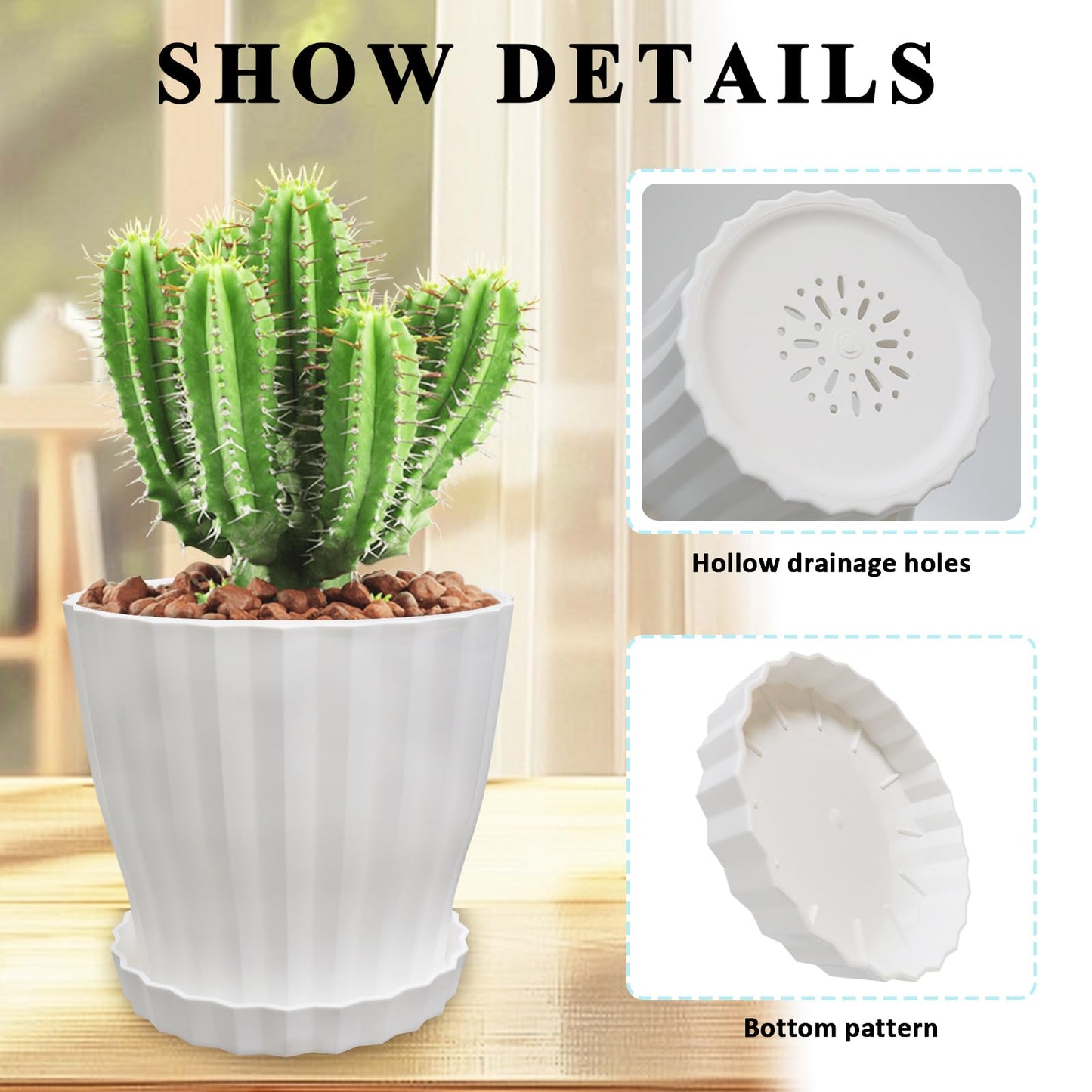 KAHEAUM Flower Pots Outdoor Clearance 6 inch Set of 5 Succulent Planters for Indoor Plants Garden Home Holiday, Plastic Nursery Pots for Plants with Drainage Holes and Saucer, Modern Plant Pot White