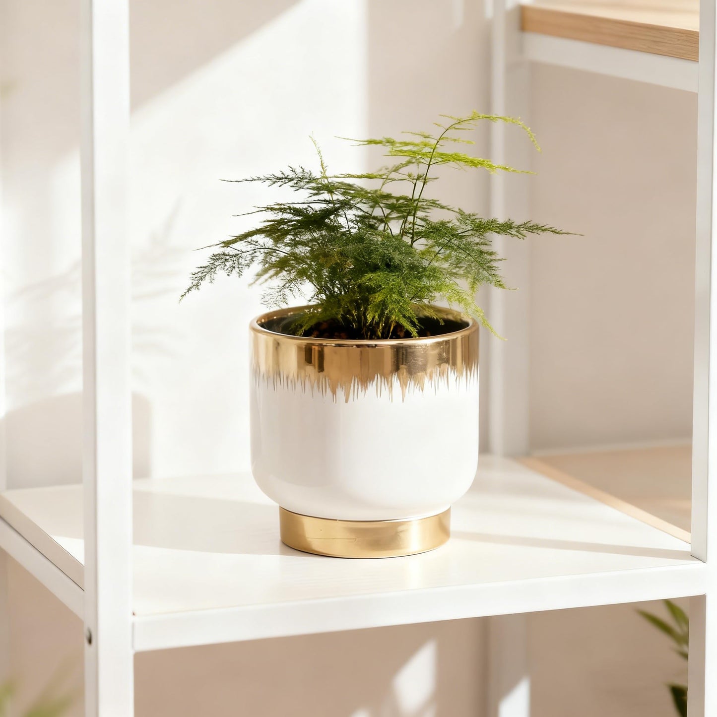 NEONWE White Ceramic Planters, Gold Flower Pots for Indoor Plants with Drainage Holes, Modern Round Planter with Drainage Holes - Plant Not Included 4.33 X4.33 Inch