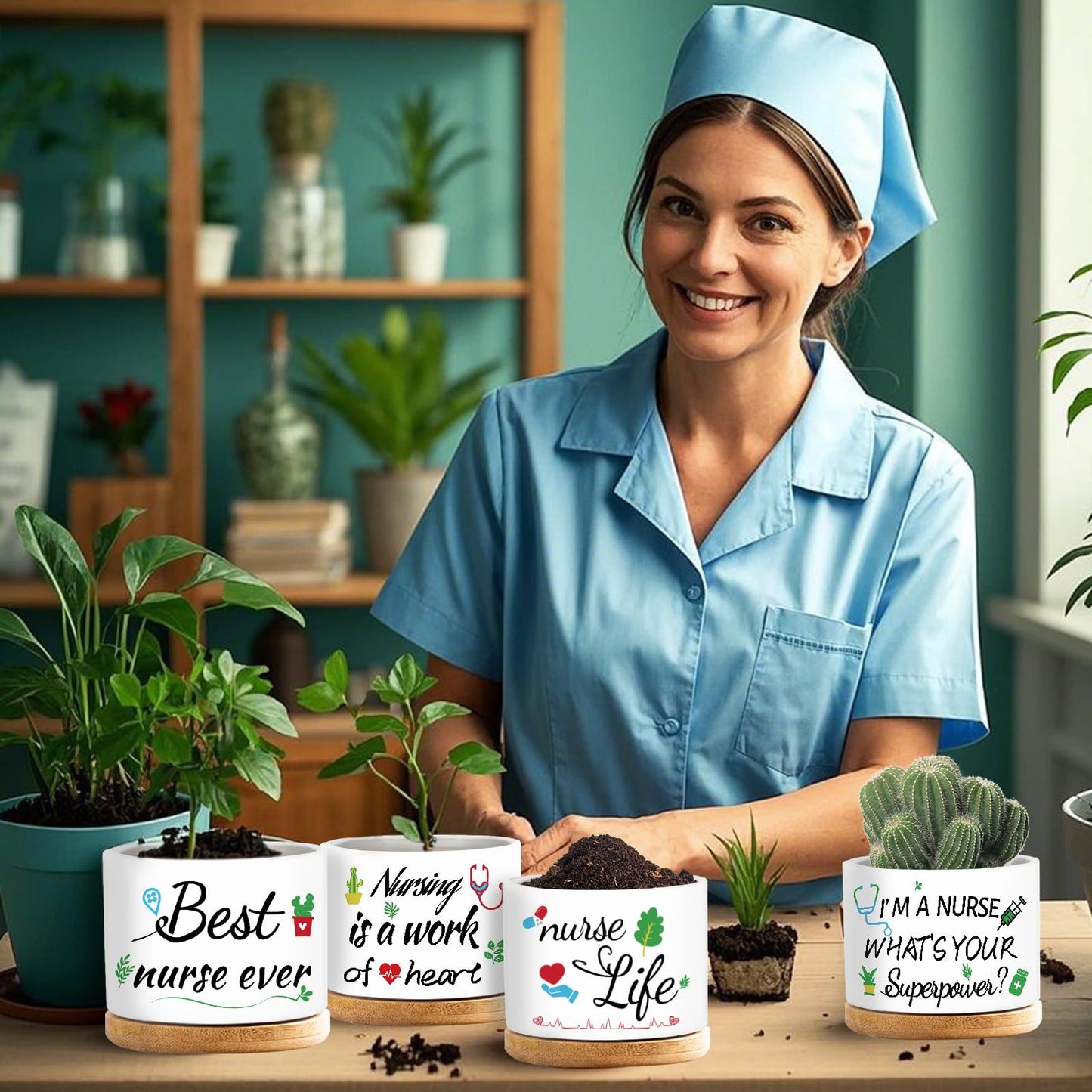 emzrivo 4 Pcs Thank You Gifts Nurse Appreciation Gifts Funny Ceramic Succulent Plant Pot for Nurse Week Graduation Season Gift, Plants Not Included