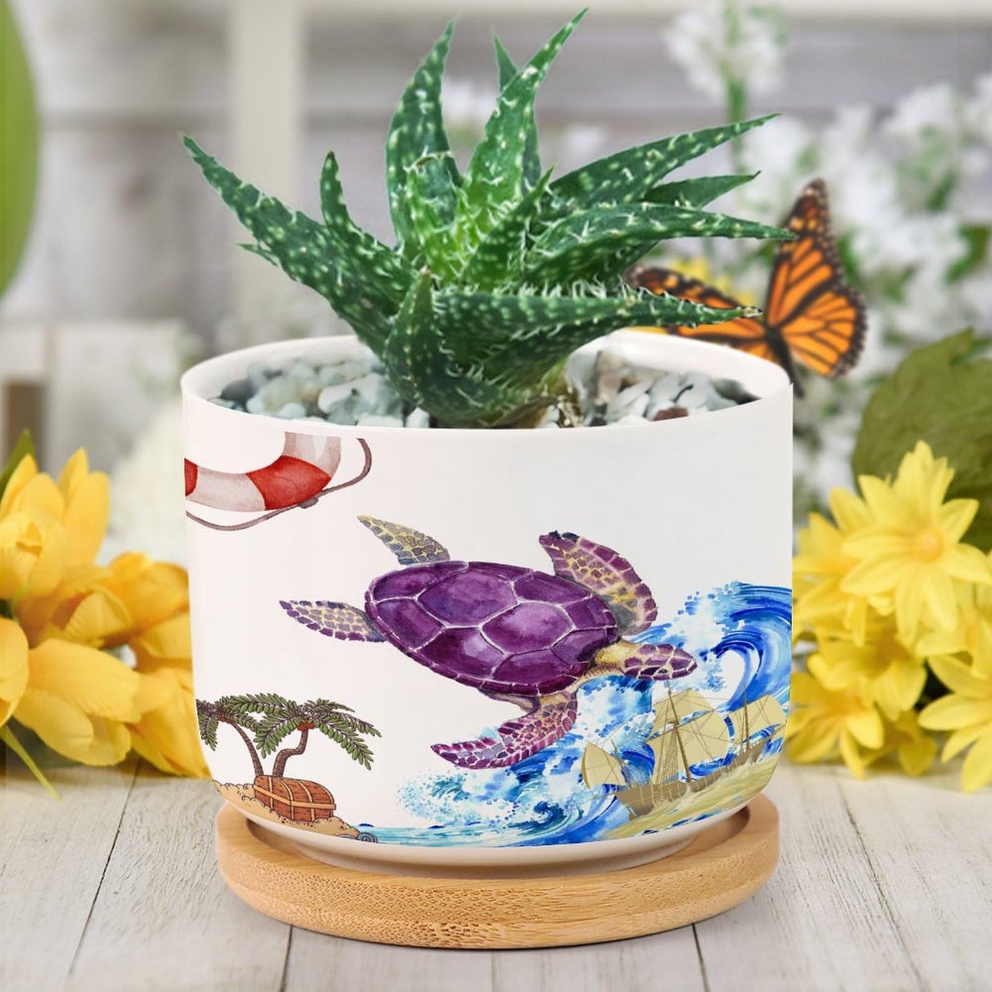 DreamAutumn Ocean Theme Sea Turtle Planter Ceramic Round Plant Pots with Drainage Holes and Bamboo Tray Planting Small Flower Pots for Home Windowsill Desk Garden Indoor Outdoor Use