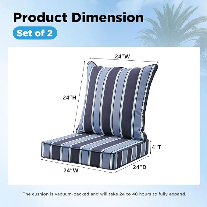 Outdoor Deep Seat & Back Cushion Set, 24 x 24 Inch Water Repellent and Fade