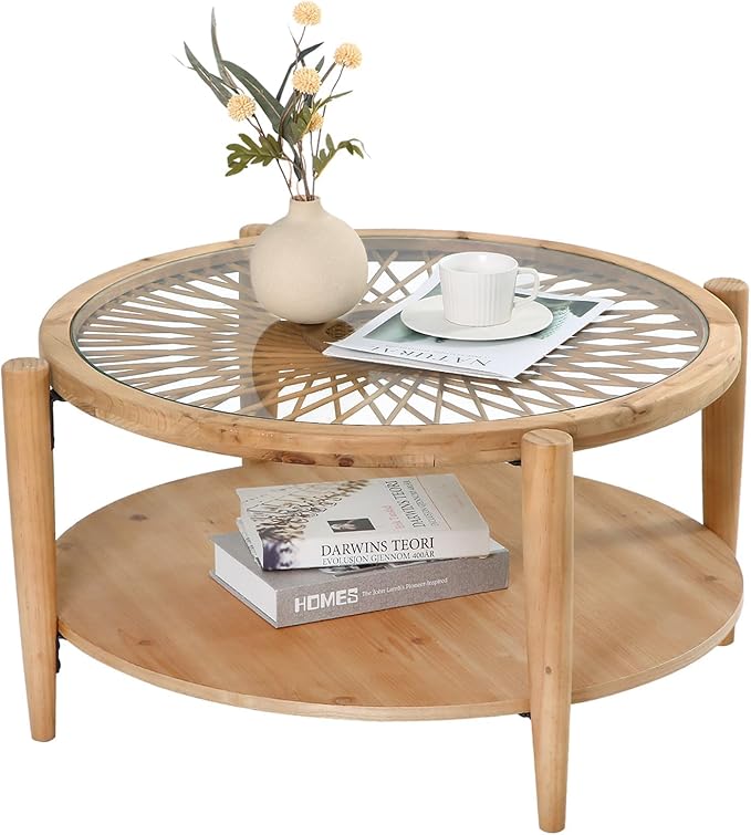 RUSTOWN Rattan Coffee Tables, 2-Tier Round Boho Cocktail Tables, Mid Century
