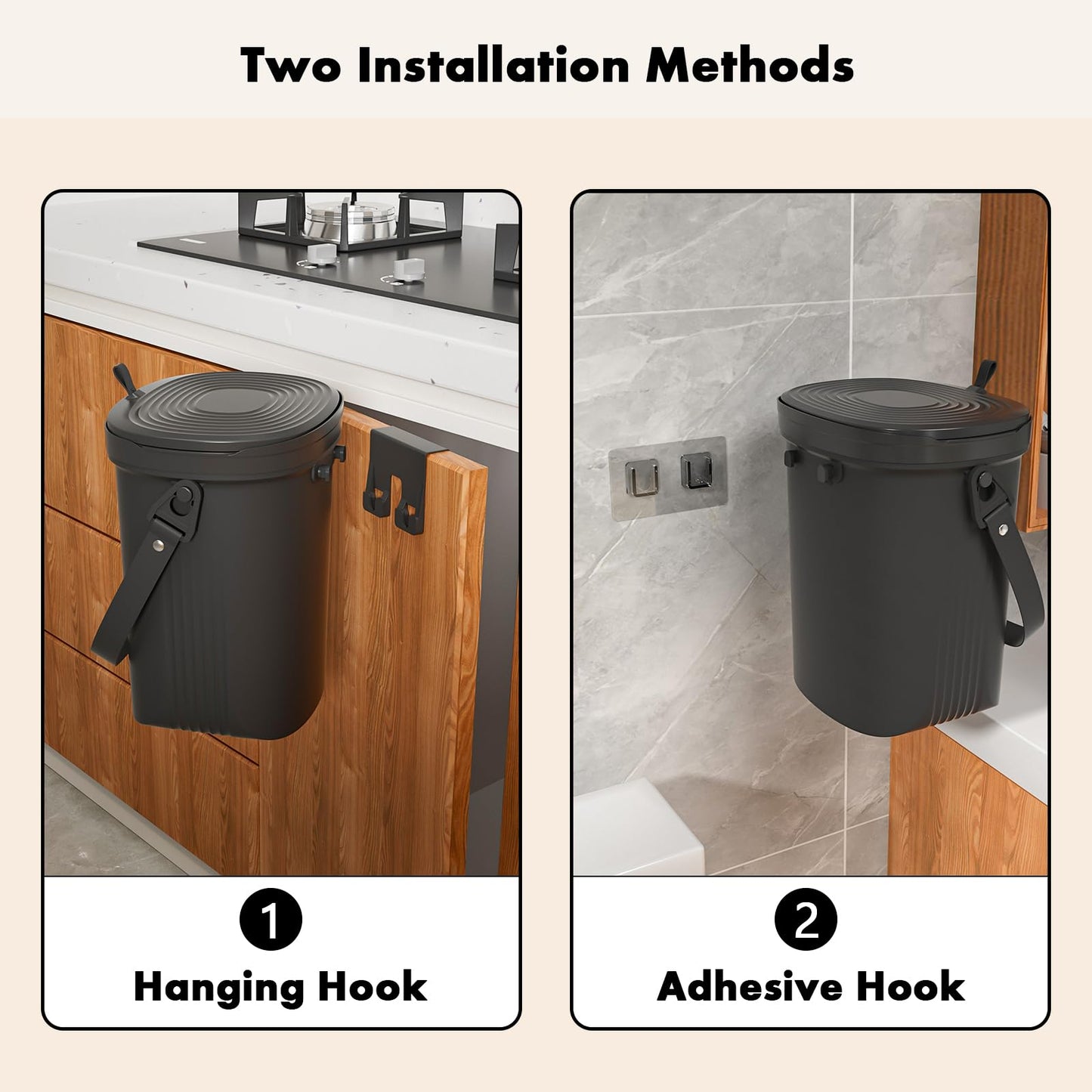 Mountable Silicone Collapsible Kitchen Compost Bin Under Sink, Surumer Hanging Trash Can with Lid for |Cupboard|Bathroom|Bedroom|Office|Camping, Indoor Compost Bucket, 2 Gallon Black