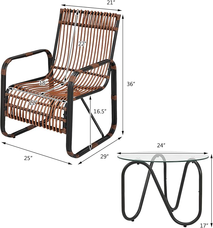 Tangkula 3 Piece Patio Rattan Furniture Set, Includes 2 Single Wicker Chairs